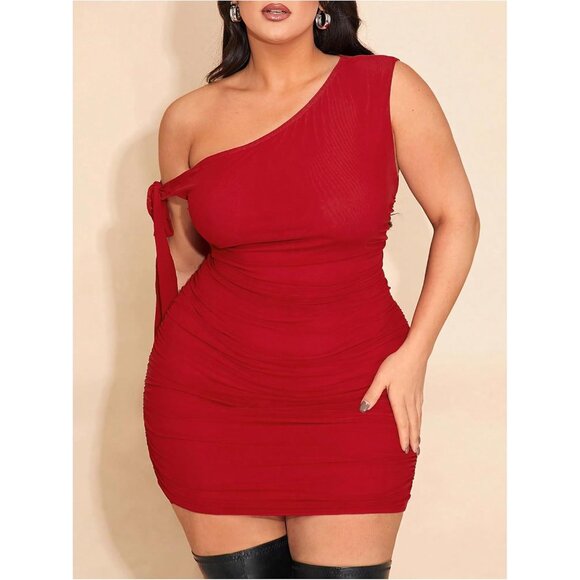 Plus Size Women's One Shoulder Mini Dress Ruched Bodycon Cocktail - Picture 6 of 7